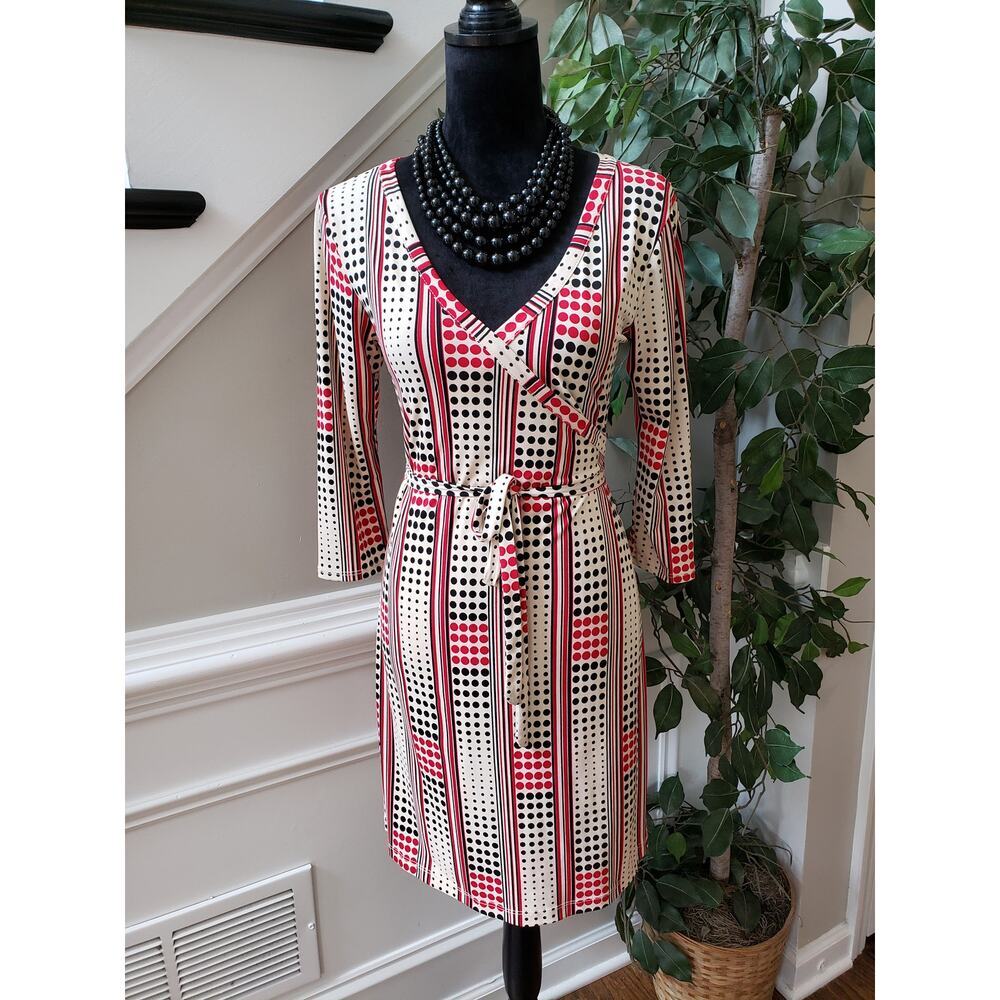 Licorice Wrap Dress Women Medium Multi Polka Dot Polyester Long Sleeve Tie Waist